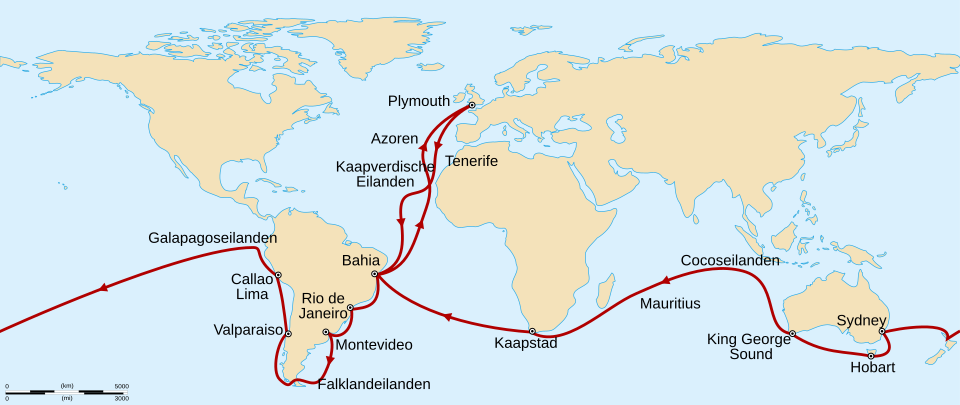 Mapa com a Rota de Charles Darwin a bordo bordo do navio HMS Beagle