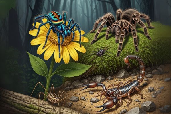 grupo dos aracnídeos: aranhas, escorpiões, ácaros e carrapatos. Imagem feita po IA.