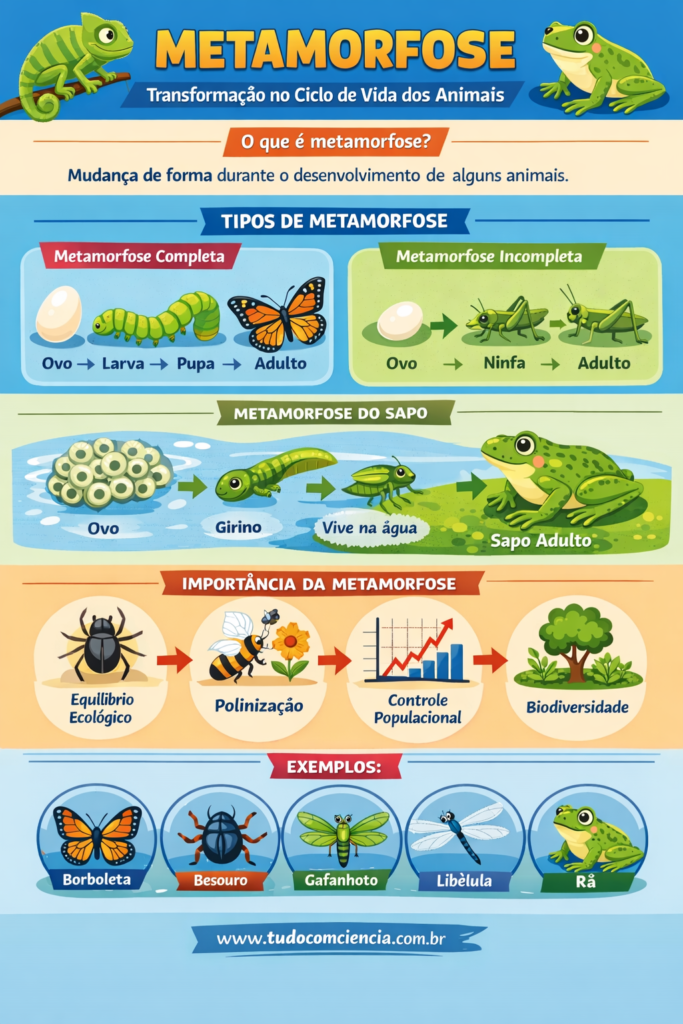 Infográfico explicando a metamorfose dos animais: sapo e insetos