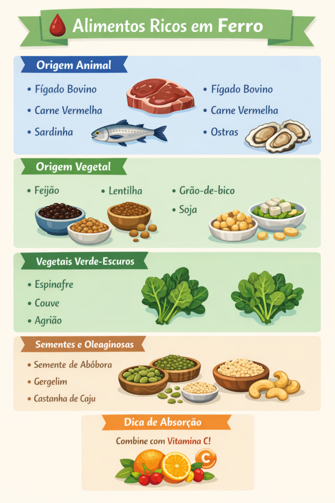 alimentos ricos em ferro;lista de alimentos ricos em ferro;infográfico alimentos ricos em ferro